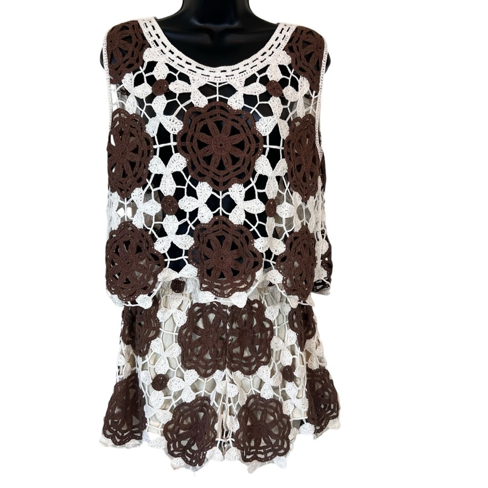 Rebellion Cream and Brown Crochet Cropped Tank and Shorts Set, Medium - Picture 1 of 16